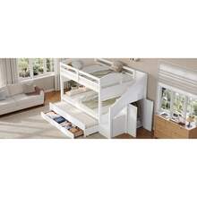 Twin XL Bunk Bed With Trundle And And Three Storage Drawers, Storage Staircase And Wardrobe, White - 白色+松木+臥室 - 查看 11