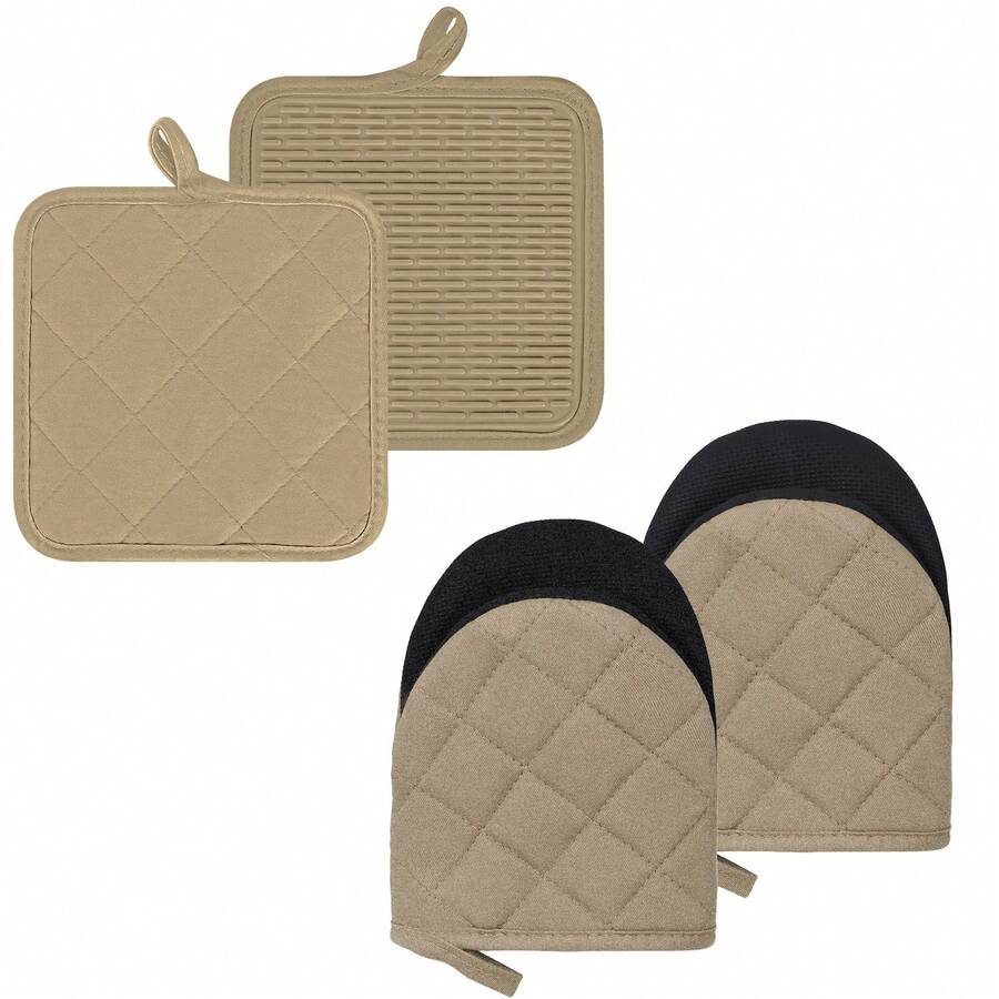 4-Piece Heat Resistant Silicone Mini Oven Mitts & Pot Holders Set - 500℉ High Temp Protection, Non-Slip Kitchen Gloves With Hanging Loop For Baking, Grilling & BBQ | Perfect Grip, Total Protection, Machine Washable - milk coffee color - View 1