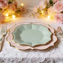 40pcs Mint Green & White Disposable Paper Plates, 7-Inch Sage Green Dessert Plates (20pcs) And 9-Inch White Lunch Plates (20pcs) With Gold Rim, Dining Tableware For Birthday Wedding Party, Wavy Edged Paper Plates - Green and White - View 4