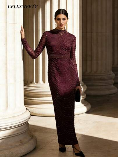 Royal Purple Women's Sequin Beaded Embroidered Dress, Rose Pattern Lace Hem, Long Sleeve Dress