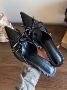 Sandalias de mujer de tacón fino y bajo con punta puntiaguda, lazo y sin talón para primavera/verano 2026 - Negro - Ver 4