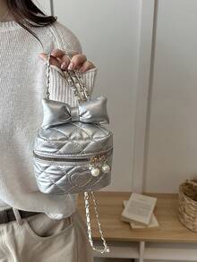 2026 New Bow Embroidered Rhombus Texture Chain Crossbody Square Bag, Fashionable Shoulder Bag For Women - Silver - View 7