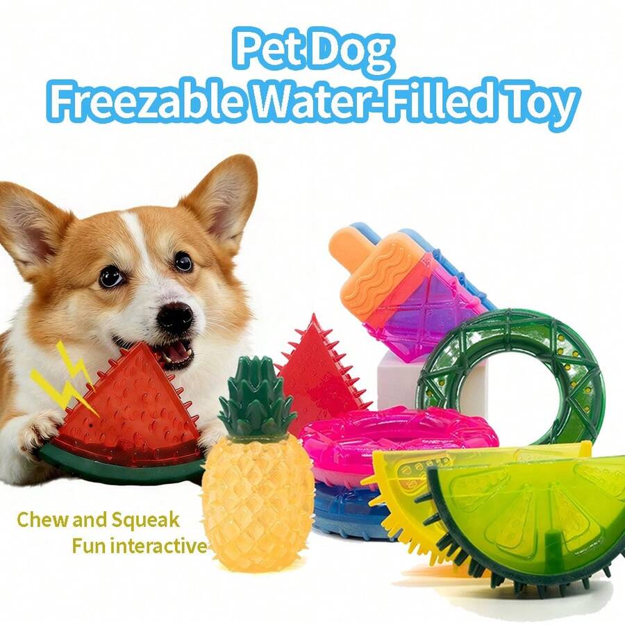 夏季降温狗狗玩具，水果造型咀嚼玩具，带发声器，可注水降温，宠物牙齿护理玩具 - 彩色 - 查看 1