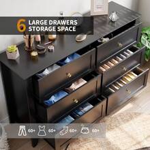 Gaderth 6 Chest Of Drawer Dresser, Wood Storage Double Dresser With Deep Drawers,Modern Wood Organizer Storage Cabinet With Drawers For Bedroom, Living Room, Entryway - 黑色 - 查看 2