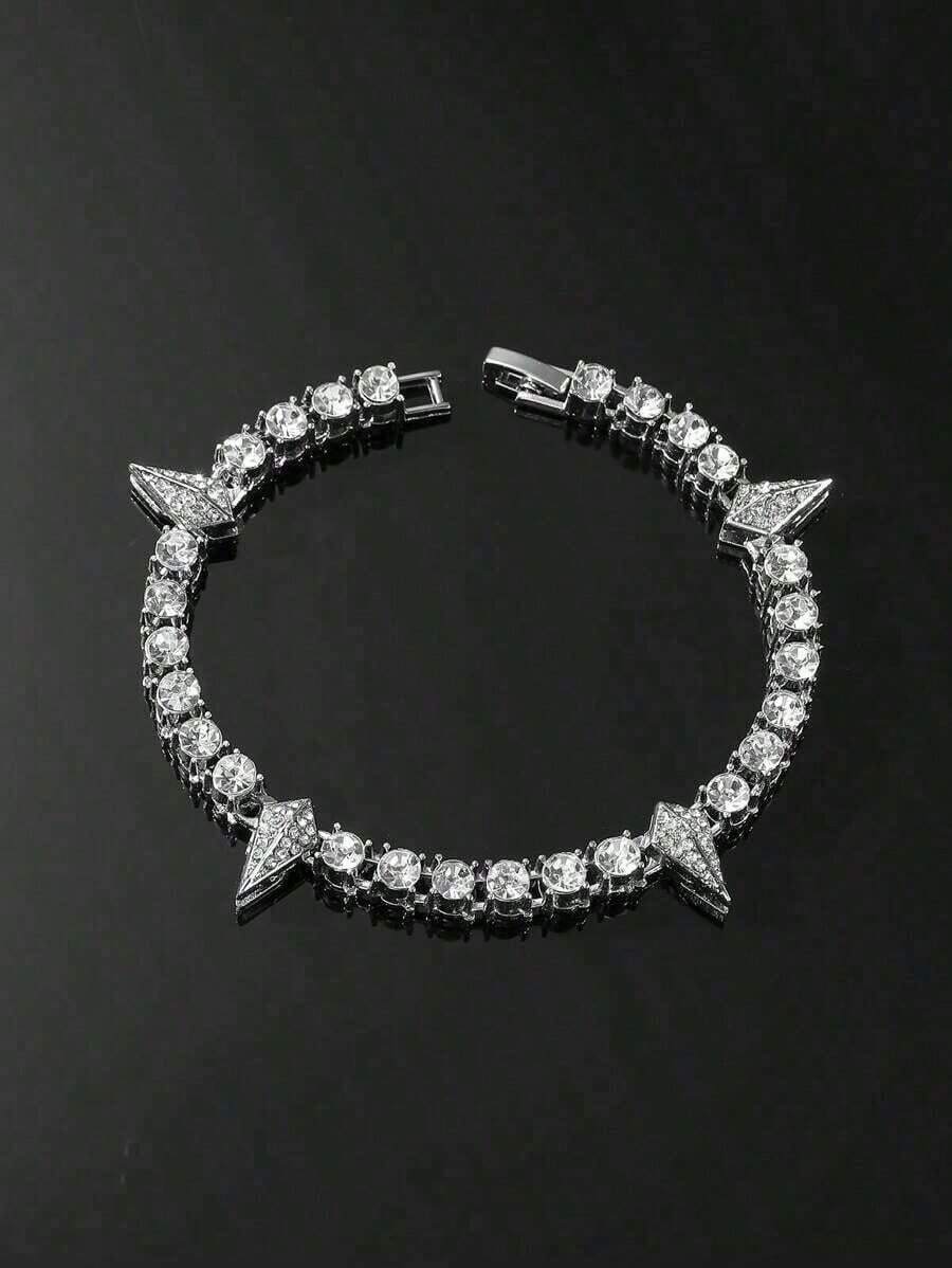 Men's Hip-Hop Style Tennis Chain And Teardrop-Shaped Cubic Zirconia Chain Bracelet, Shiny Jewelry, Gift For Boyfriend - Silver - View 1