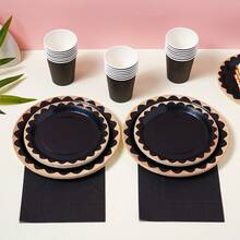 黑色包边一次性餐具套装，7/9英寸派对餐盘，一次性纸盘、纸杯、餐巾纸，适用于节日、婚礼、订婚、生日、派对、庆典等场合。 - 多色 - 查看 5