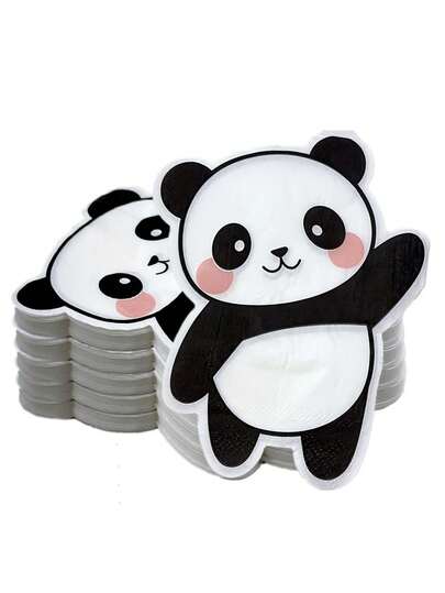 16/Pack Black & White Panda Pattern Napkins, Panda Shaped Disposable Napkins For Birthday Party, Gender Reveal Party Supplies, Panda Theme Birthday Party Decorations