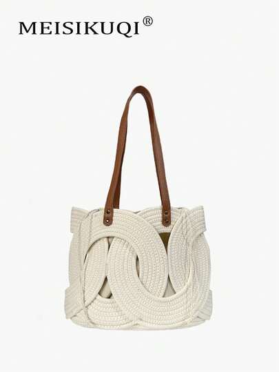 2026 New Arrival Niche Design Hollow Woven Straw Tote Bag, Real Leather Strap, Large Capacity Shoulder Bag, Drawstring Inner Pocket, Beach Vacation Style, Fresh Pastoral Commuting Versatile Handbag, Essential For Beach Holiday