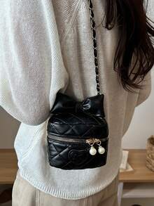 New Bowknot Embroidered Diamond-Pattern Boxy Chain Shoulder Crossbody Small Square Girl's Bag With Lipstick Texture - Black - View 12