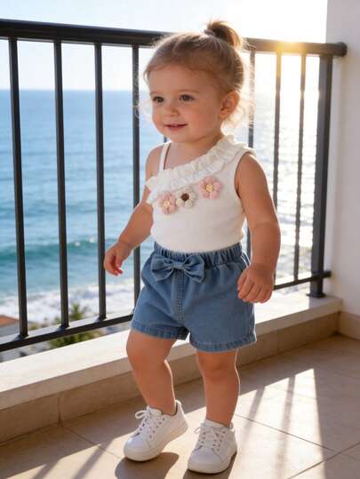 两件套新生女婴休闲多巴胺套装，可爱花朵荷叶边吊带背心搭配做旧牛仔蝴蝶结短裤，适合春夏外出、旅行、海滩度假。