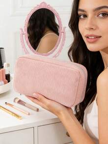 1pc Corduroy Makeup Bag With Letter Strap, Zipper Closure Portable Cosmetic Organizer, Suitable For Travel, Home, Unisex, All Seasons, Student Dorm, Mother's Day, Thanksgiving, New Year Gift - Multicolor - View 8