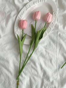 3pcs Artificial Tulip Flowers Decor, Home Decoration Lifelike Fake Flowers For Living Room & Bedroom - Dusty Pink - View 16
