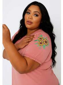 Plus Size Black T-Shirt/Blouse With Floral Silk Screen Print On The Princess Sleeve - 乾枯玫瑰色 - 查看 8