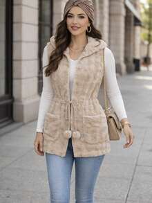 Chaleco Polar Peluche Ligero Delgado Calientito Para Mujer De uso diario casual Con Bolsas y Borlitas - Beis - Ver 3