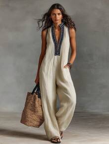 2026 European And American Women's Simple Linen Blend Sleeveless Jumpsuit With Zipper And Stand-Up Collar Decorated With Embroidery, Conjunto Para Hombre - Màu be - Xem 9