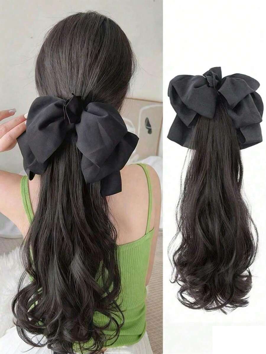 Detachable Large Bow Hair Claw Wavy Long Curly Wig Claw Clip - Multicolor - View 1