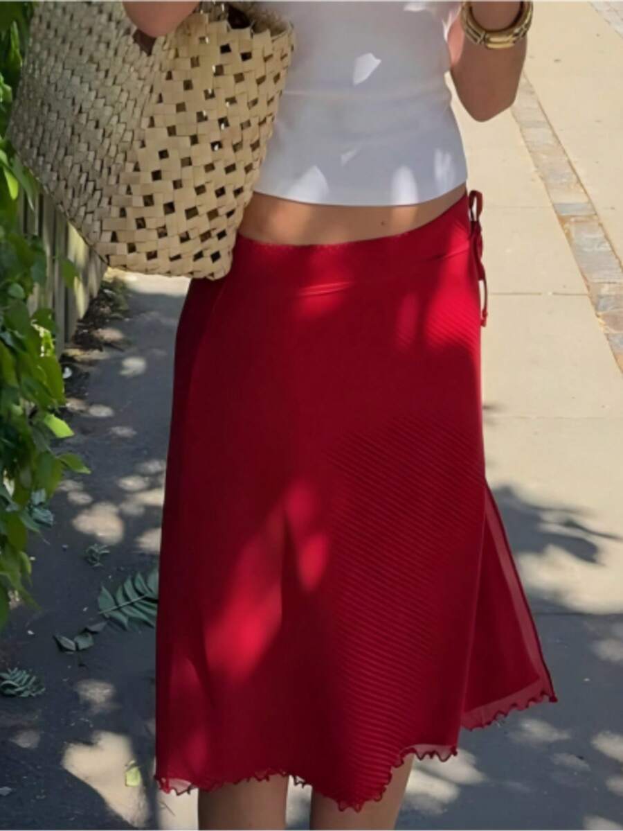 女士夏季新款红色波点复古高腰显瘦鱼尾裙，百搭 - 紅色 - 查看 1