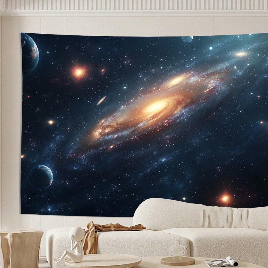 1 件精美绝伦的外太空行星背景横幅 - 充满活力的星系和宇宙场景,点缀着旋转的星星、月亮和火箭 - 耐用的涤纶材质,可用于照片墙装饰,适用于直播、派对、生日、周年纪念、房间、花园或庭院装饰 - 室内/室外均可使用,月亮装饰 - 8 - 查看 1