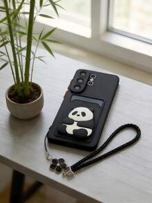 Panda 1pc Cute Panda With Lucky Clover Bracelet, TPU Soft Contrast Color 1mm Thick Card Holder Phone Case Compatible With Apple 17Pro Max /16 /15 /14 /13 /12 /11 Pro Max Plus/ A05s A06 AA35 A36 A54 A55 A56 A16 A15 A14 A13 A12 S20FE S21 S21FE S22 S22Ultra S23 S23Ultra S24 S24Ultra S25 S25Ultra S26 S26Ultra - Black - View 4