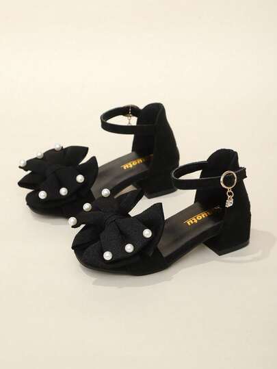 1 Pair Black Velvet Leather Sandals With Soft Velvet, Bow & Pearl Decor, Closed Toe, 3CM Block Heel, Non-Slip, Fashion Princess Style, Suitable For Daily, Casual, Holiday, Party, Spring/Summer 2026