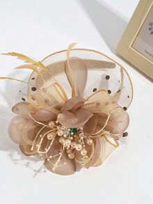 1pc Elegant Lady Feather Flower Faux Pearl Crystal Wide Headband, Suitable For Daily Gatherings Wearing, Hairband, Hair Hoop,Hair Accessories Headbands Head Accessories - 香檳酒 - 查看 3