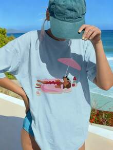 女士夏季新款沙滩日光浴腊肠犬印花休闲度假宽松百搭圆领米色短袖T恤，时尚日常穿着 - 淺藍色 - 查看 6