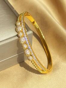 18K Gold Plated Anti-Fading Pave Zirconia Textured Bangle Bracelet Set For Women, Luxury Elegant Beaded & Hammered Cuff Bracelets - Multicolor - View 6