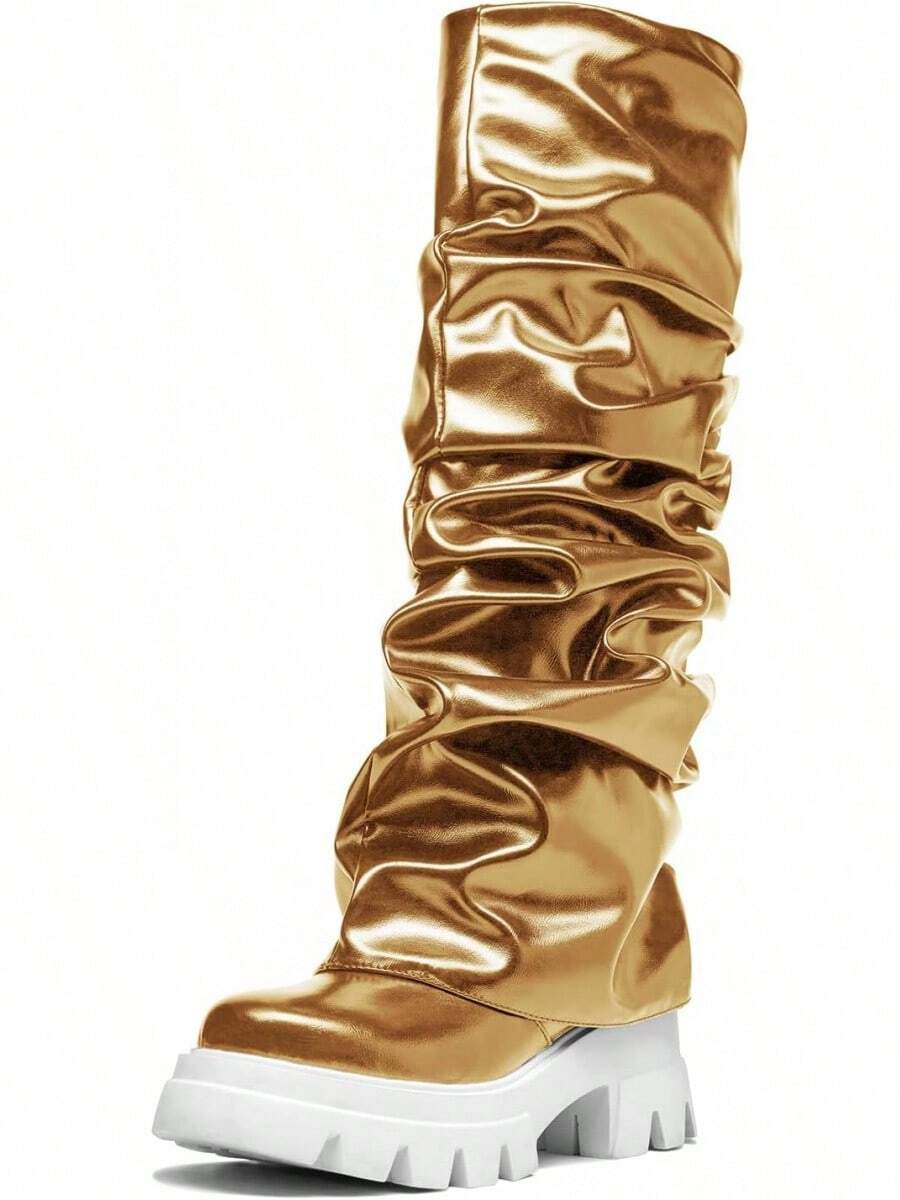 Women's Platform Round Toe Mid Calf Boots With Chunky Heel - Gold - View 1