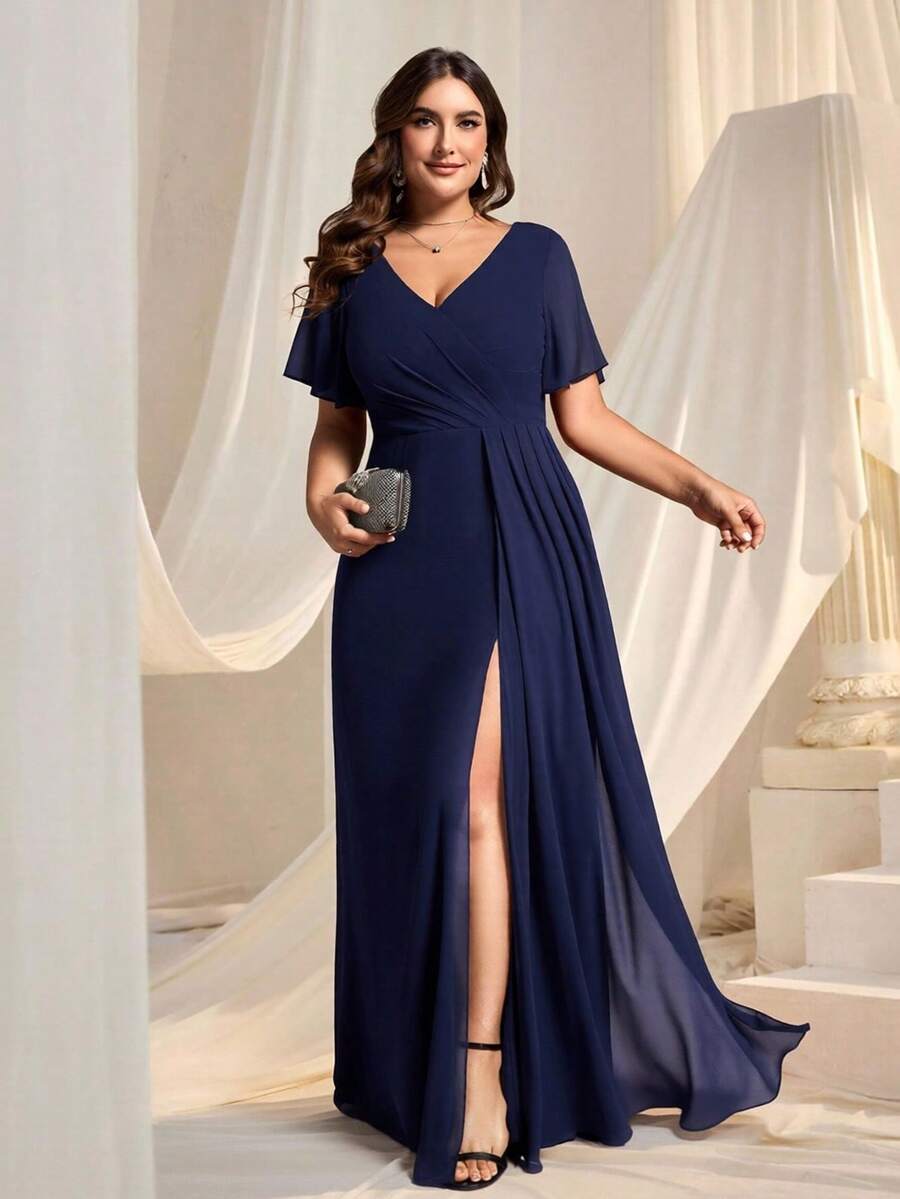 Plus Size Navy Blue Bridesmaid Dress With Butterfly Sleeves, V-Neck Ruched High Slit, Suitable For Weddings, Parties, Spring/Summer Wedding Guests, Formal Evening Gowns, Vacation Elegant Party