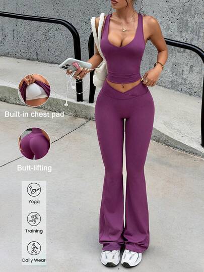 Conjunto de 2 piezas de Aoquita para mujer, compuesto por top sin mangas de unicolor con escote profundo en V sexy y pantalones deportivos de cintura alta que levantan, para verano, fitness, gimnasio, entrenamiento, running y yoga