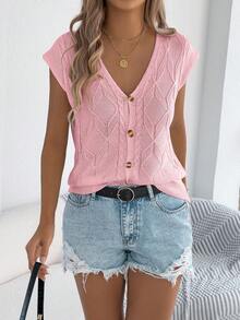 Women's Casual Sexy V-Neck Diamond Pattern Button Drop Shoulder Knit Tank Top, Spring/Summer Pink - Pink - View 4
