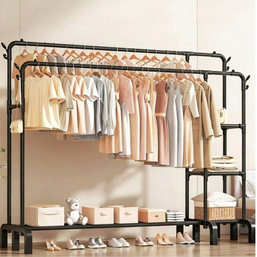 1 Stück freistehender Dual-Bar multifunktionaler Kleiderständer für das Schlafzimmer, Metall Kleiderbügel Organizer, schwarzer Kleiderständer auf Rollen zum Aufhängen von Kleidung und Hüten, geeignet für Schlafzimmer, Büro, Studentenwohnheim, Hochzeit, Party, Weihnachten, Halloween, Neujahr und Geburtstag Aufbewahrung, kann auch als Weihnachtsdekoration, Weihnachtsschmuck, Weihnachtskugel, Geschenk für Frauen verwendet werden - Verschiedenfarbig - Übersicht 1
