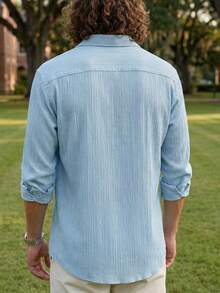 glestore Men's Retro "Old Money" Casual Solid Color Long Sleeve Shirt, With Minimalist Textured Striped Pattern, Suitable For Work, Travel And Leisure - Baby Blue - View 2