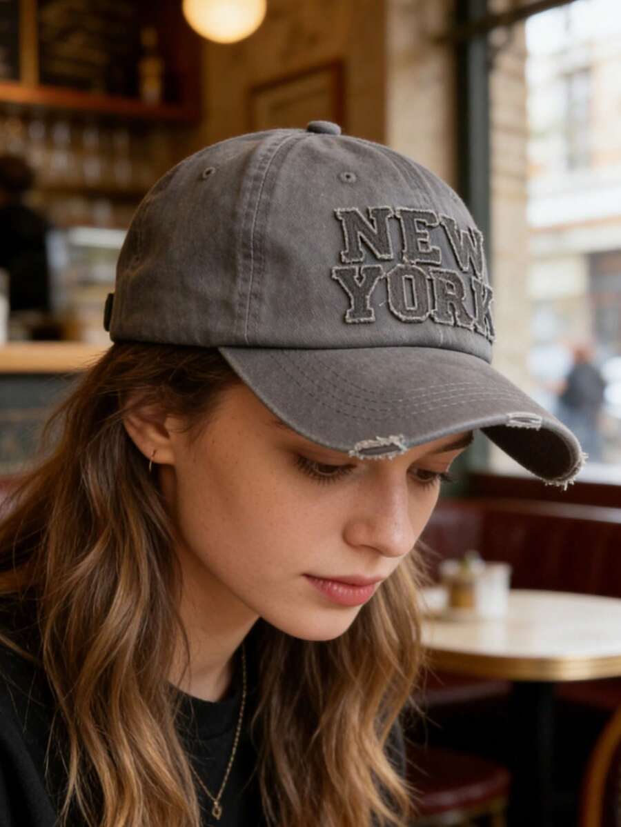 1 Stück NEW YORK aufgenähtes Etikett Baseball Kappe, gewaschener Stil Hut für Herren und Damen, modischer Retro Sonnenhut, verstellbarer Outdoor Sonnenschutz, Y2K Stil abgenutzt gebogener Schirm Hut, Sommer, Strand - Verschiedenfarbig - Übersicht 1