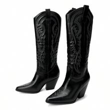 Giày bốt cao đến đầu gối dành cho nữ, mũi nhọn, gót dày, kiểu dáng cổ điển phương Tây, màu đen, thêu họa tiết. - màu đen - Xem 15