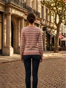 This Women's Striped Round-Neck Blouse Is Made Of Modal Fabric. - Khaki and White - View 2