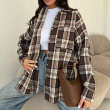 Women's Comfortable Casual Retro Plaid Front Button Pocket Long Sleeve Shirt, New Spring Style, Popular Spring Jacket - Brown and White - View 10