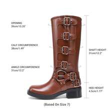 Women's Slip On Knee High Boots Square Toe Chunky Heel Classic Vintage Metallic Buckles Motorcycle Riding Boots - Màu nâu Sô-cô-la - Xem 3