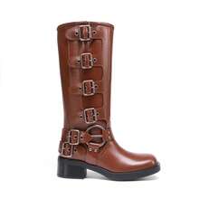 Women's Slip On Knee High Boots Square Toe Chunky Heel Classic Vintage Metallic Buckles Motorcycle Riding Boots - Màu nâu Sô-cô-la - Xem 7