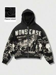 Street Life Spring Casual Graphic Men'S Autumn Street Letter & Cartoon Character Print Zip Front Drawstring Hoodie Sweatshirt, Winter - 咖啡棕 - 查看 7