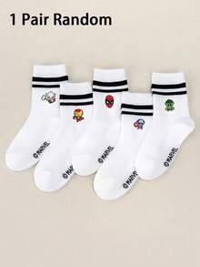Marvel 1/5 双，Thor 图案儿童袜，荷叶边袜，黑白条纹中筒袜，男女童短袜，柔软透气短袜，防滑乐福袜，可爱卡通短袜，休闲风格，日常穿着 - 彩色 - 查看 17