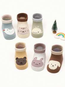 6 đôi/12 đôi tất trẻ em bằng cotton chấm bi, tất dài đến bắp chân cho bé trai và bé gái, tất hoạt hình, tất thoáng khí chống trơn trượt. - Nhiều màu - Xem 4