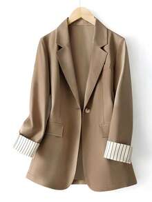 Women's Sleeve Stripe Patchwork Single Button Regular Blazer Spring - Khaki - View 3