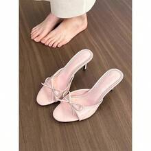 Dép cao gót hở mũi thắt nơ mới năm 2025, dép sandal nữ mũi tròn. - Hồng - Xem 5