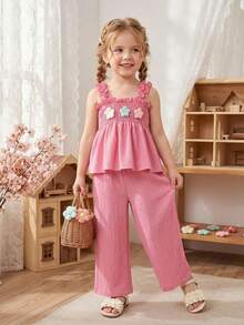 BASUSARRI 荷叶边吊带针织背心和直筒阔腿裤套装，时尚百搭，淑女甜美可爱，适合情人节、约会、聚会等场合，女生适用。 - 粉色 - 查看 2