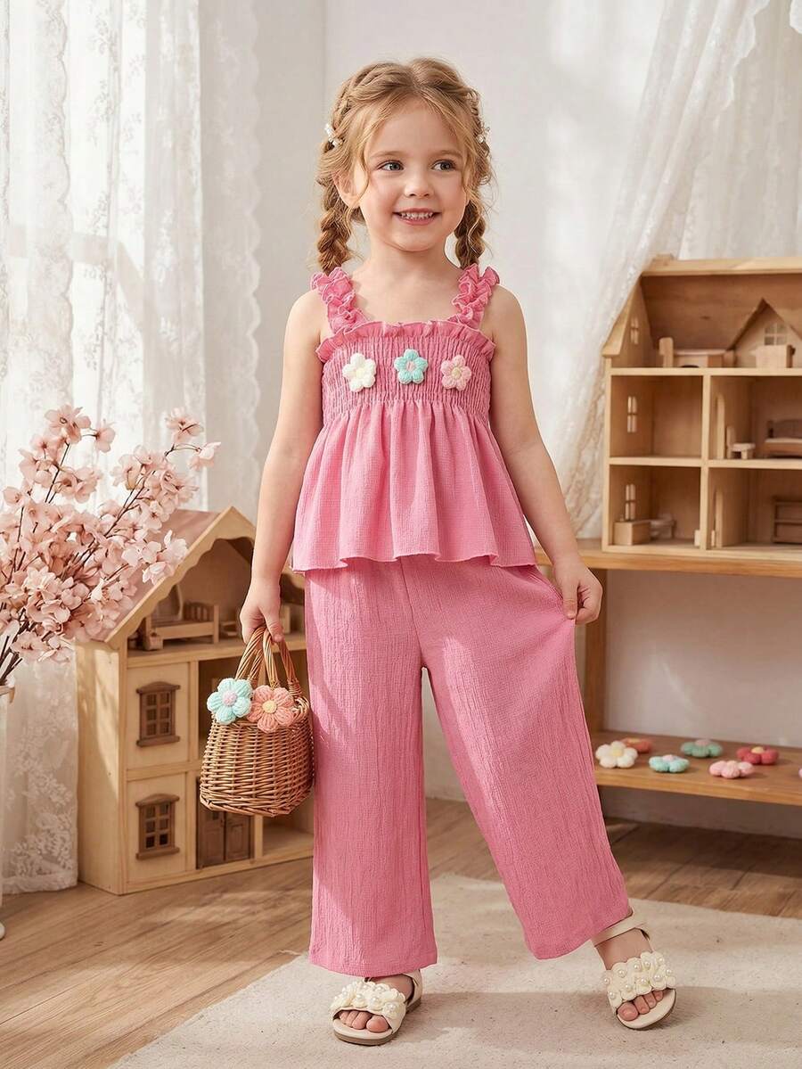 BASUSARRI 荷叶边吊带针织背心和直筒阔腿裤套装，时尚百搭，淑女甜美可爱，适合情人节、约会、聚会等场合，女生适用。