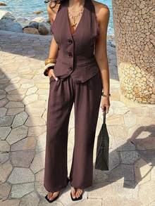 PoPoHouse 女士优雅两件套性感露背吊带V领纽扣背心上衣和宽松阔腿裤夏季休闲商务办公通勤度假套装棕色女式套装 - 咖色 - 查看 11