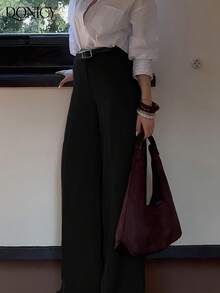 DONICY Quần nữ mùa xuân/hè mới về, màu đen trơn, cạp cao, ống rộng, dáng suông, có túi, kiểu dáng thời trang retro thanh lịch tối giản, đa năng, phù hợp cho mặc hàng ngày, công sở, đi làm, hẹn hò, mua sắm, triển lãm và các dịp khác. - màu đen - Xem 8