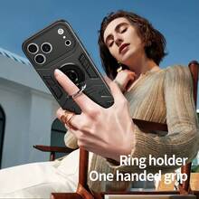 适用于 17 Pro Max/17 Air/17/17 Pro/16/15 Pro/Pro Max Plus、Galaxy S25 Edge Ultra Plus 的 TPU+PC 金属支架保护壳，支持 360° 旋转、防摔保护，可横向和纵向放置 - 黑色 - 查看 5