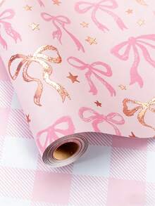2卷粉色包装纸，可爱蝴蝶结礼品包装纸，玫瑰金箔可爱蝴蝶结礼品包装纸，双面格子礼品包装纸，适用于婴儿派对、生日、婚礼、新娘派对（半卷） - A - 查看 2